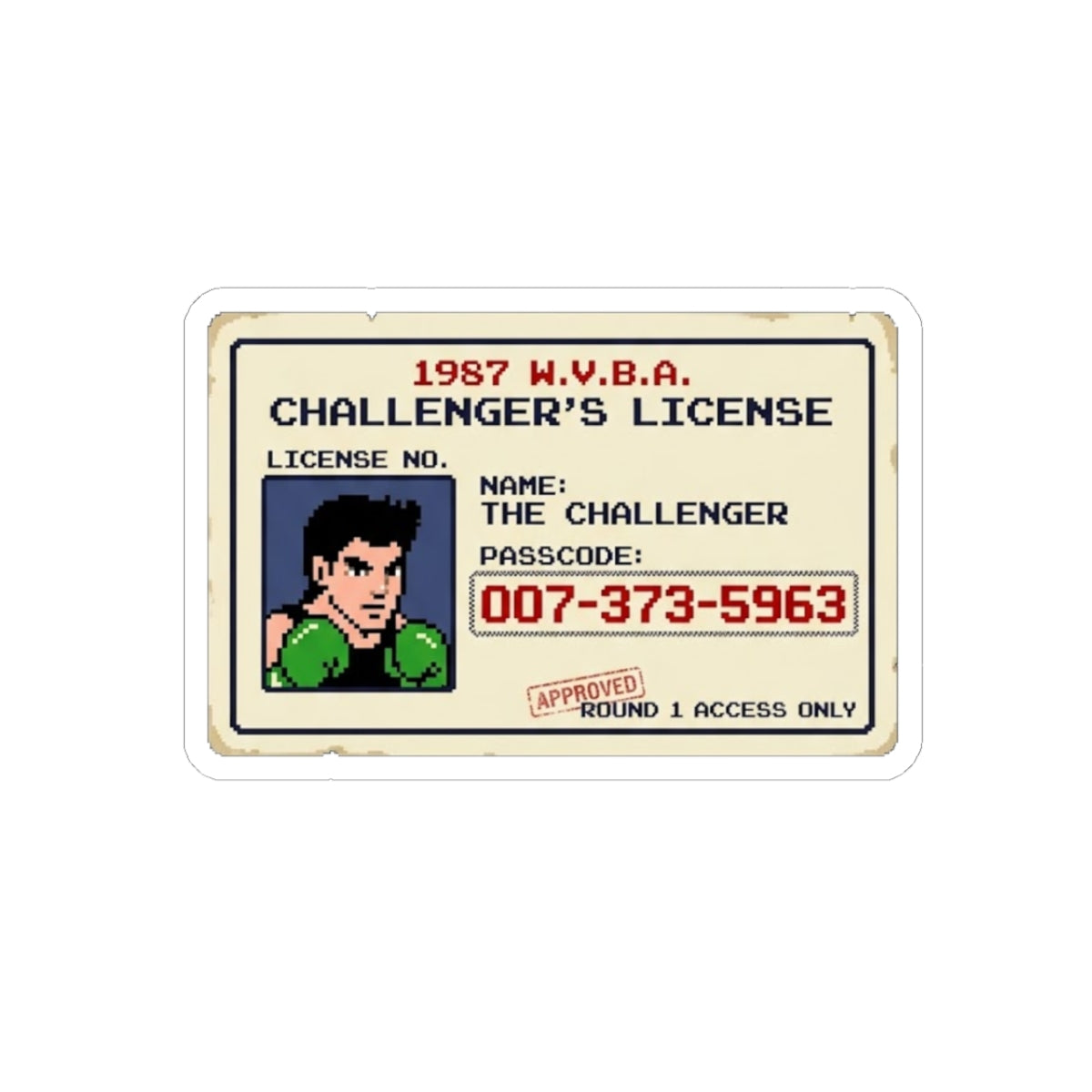 Retro Challenger's License Sticker — 1987 Pixel Boxer ID Kiss-Cut Sticker