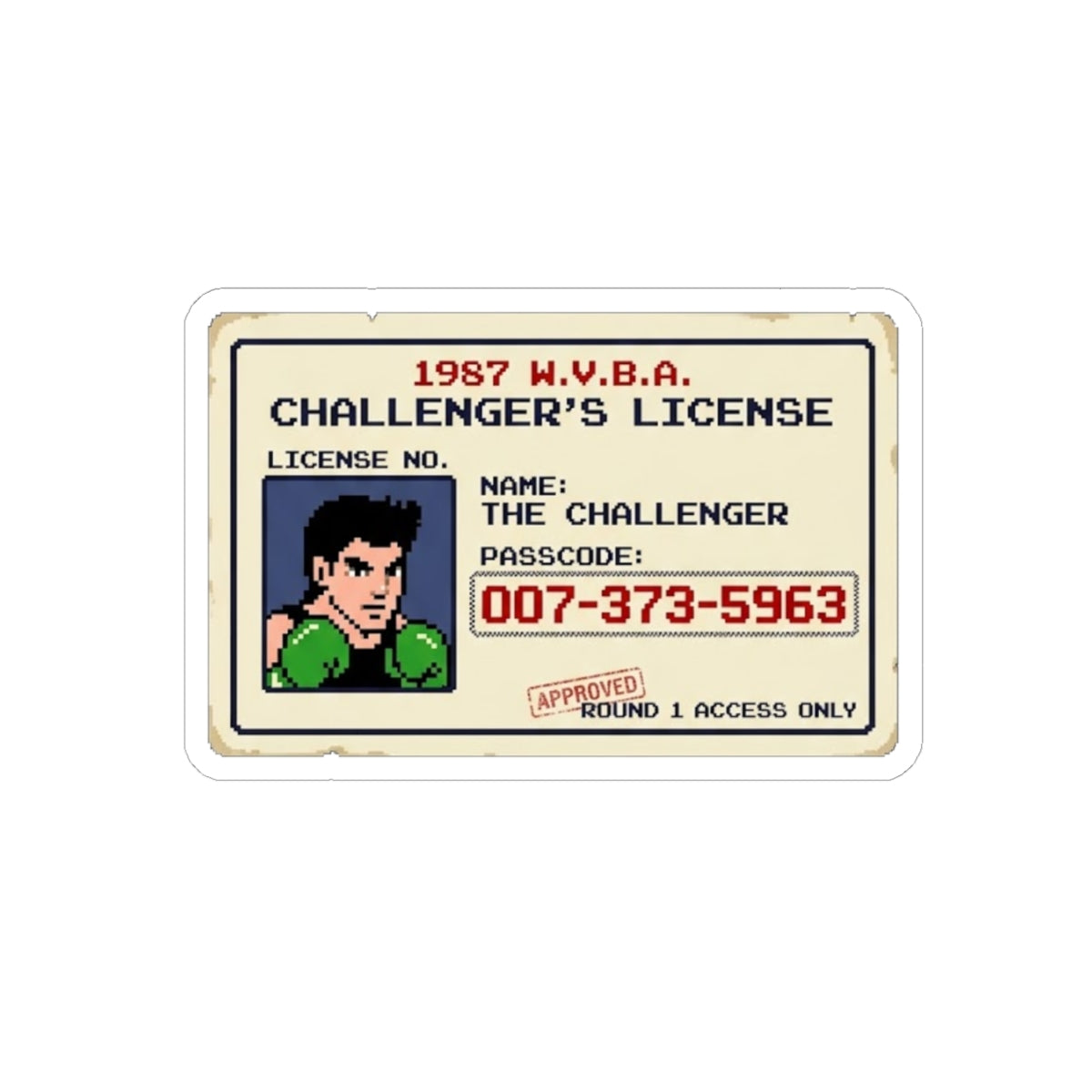 Retro Challenger's License Sticker — 1987 Pixel Boxer ID Kiss-Cut Sticker